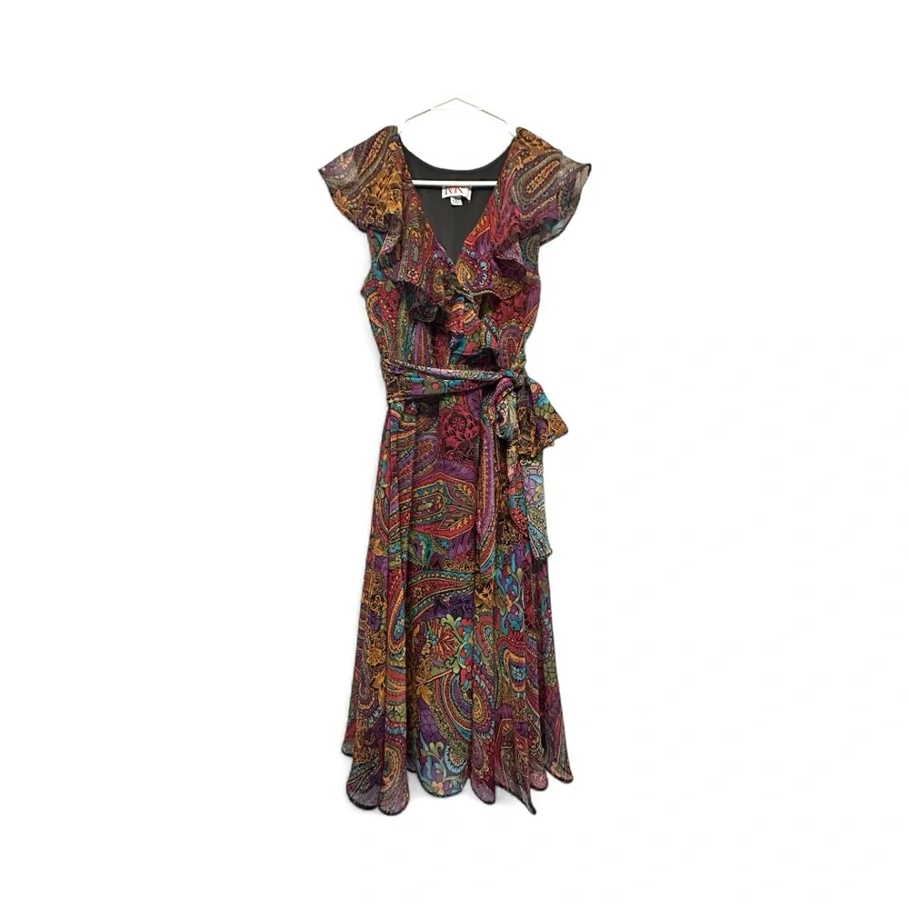Vintage Y2K Era R&K Originals Fairycore Paisley Midi Dress w/ Tie Size 8 - Picture 2 of 9